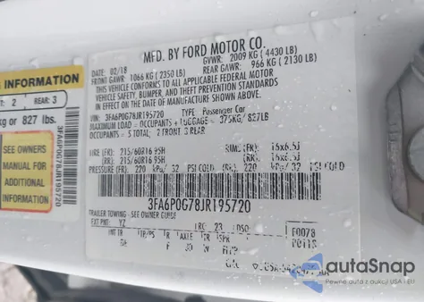 2018 Ford Fusion S z USA, uszkodzony, nr VIN 3FA6P0G78JR195720